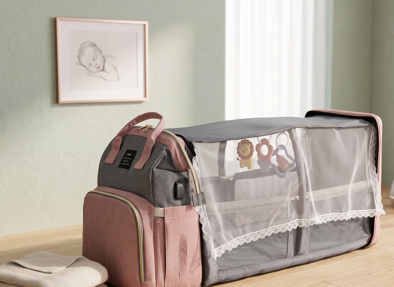 Mommy Diaper Bag Backpack with Portable Baby Crib - Large Capacity Travel Bag